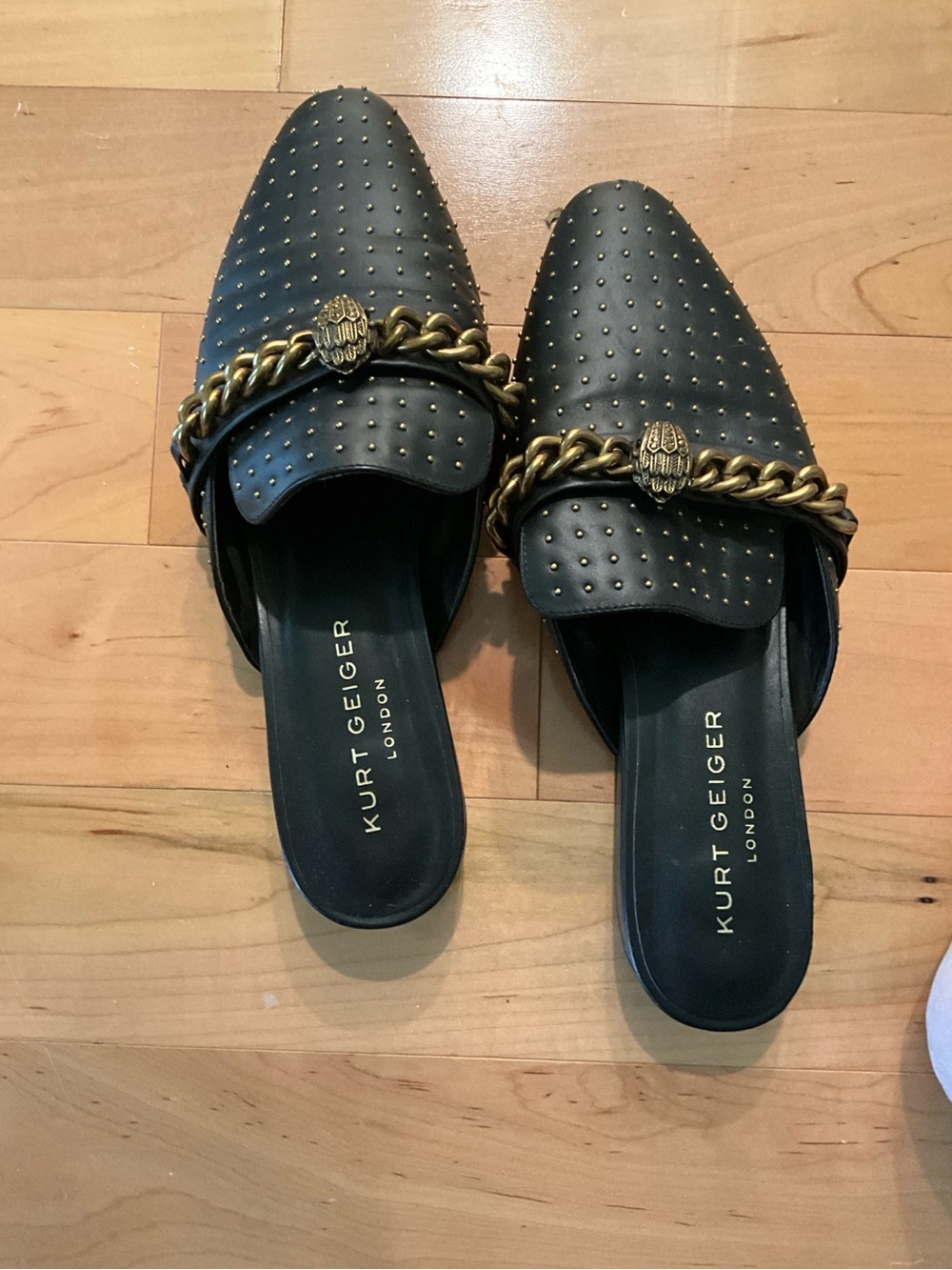 Kurt Geiger Black Studded Leather Chain-Trim Mules - Picture 2 of 2
